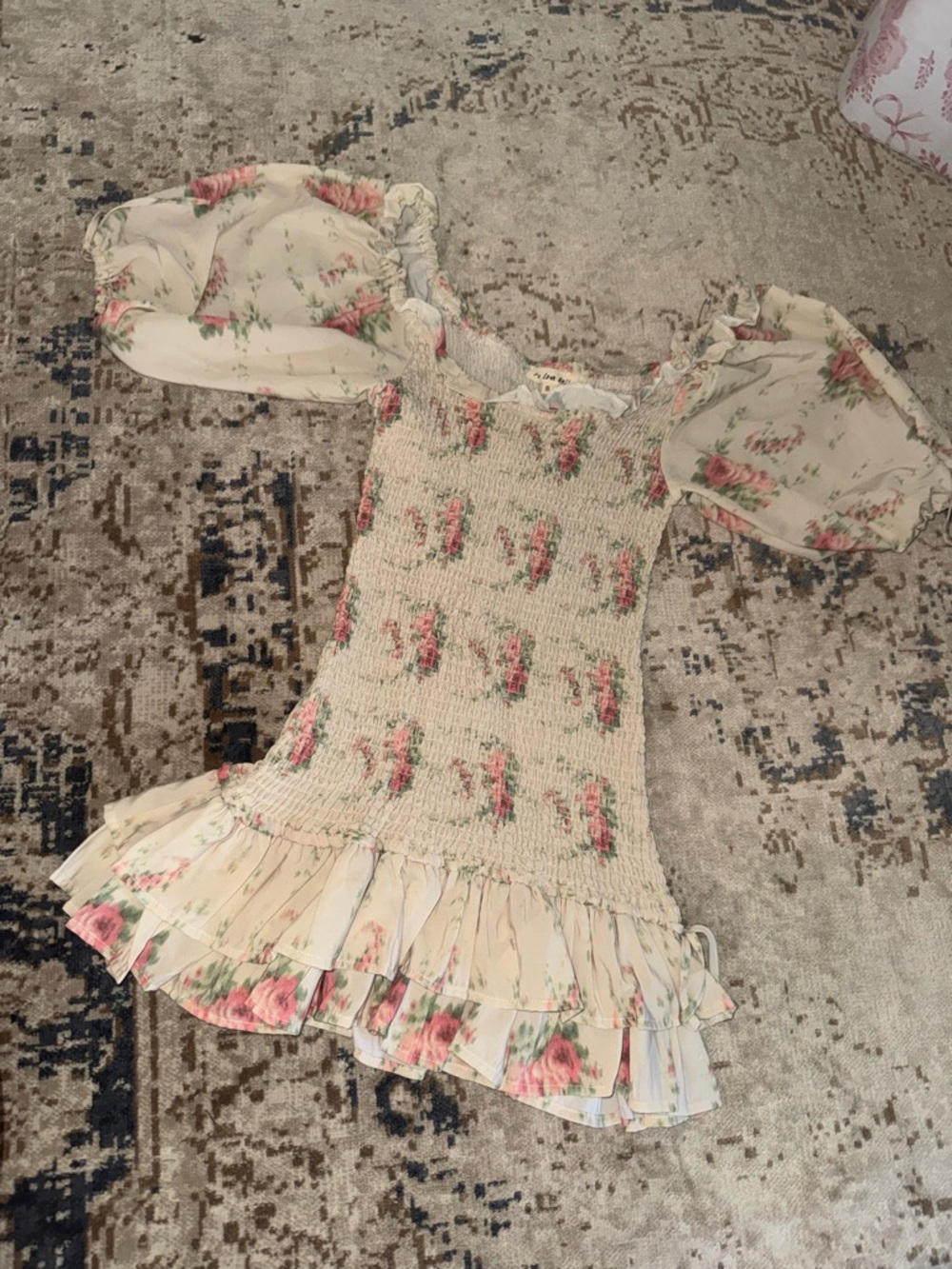 Floral Smocked Cream Midi Dress with Puff Sleeves